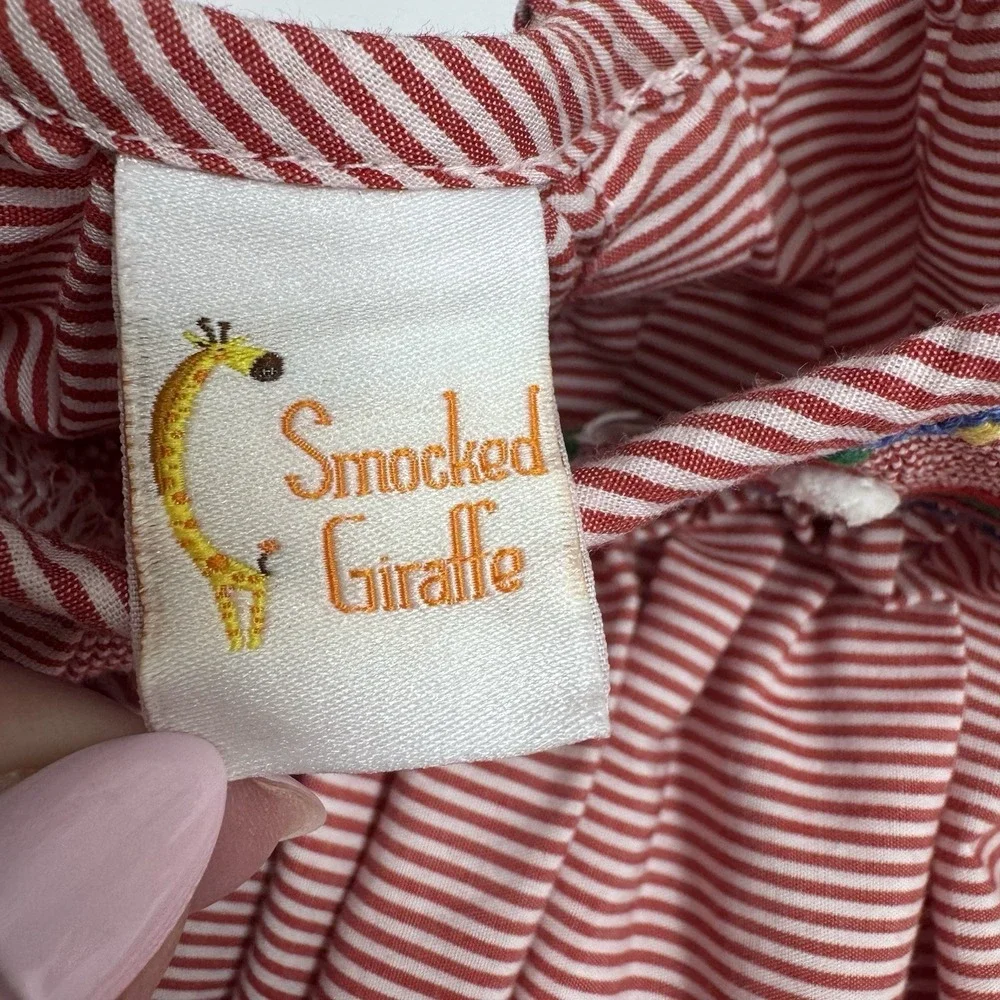 Smocked Giraffe Santa Christmas Dress Girls Size 4T Red White Stripes